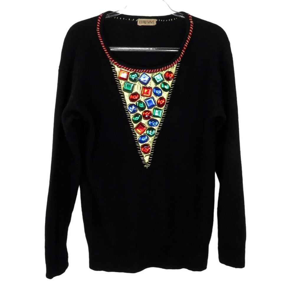 L'eau Vive 1980s Vintage Black Sweater with Rainbow Chunky Rhinestones Medium